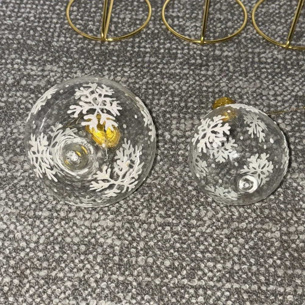 Clear Glass Christmas Ornaments With Glittery Snowflakes Gold Tops Various Shape